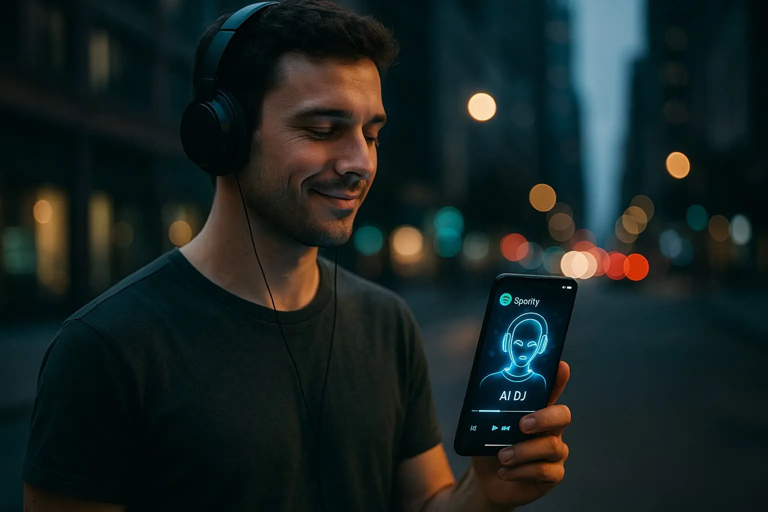 Persona con su celular  escuchando musica